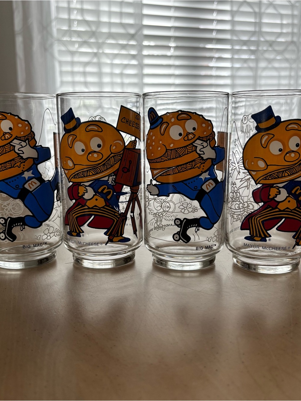 Vintage 1977 McDonalds Drinking Glasses. Set Of 4. 2 Mayor McCheese & 2 Big Mac.